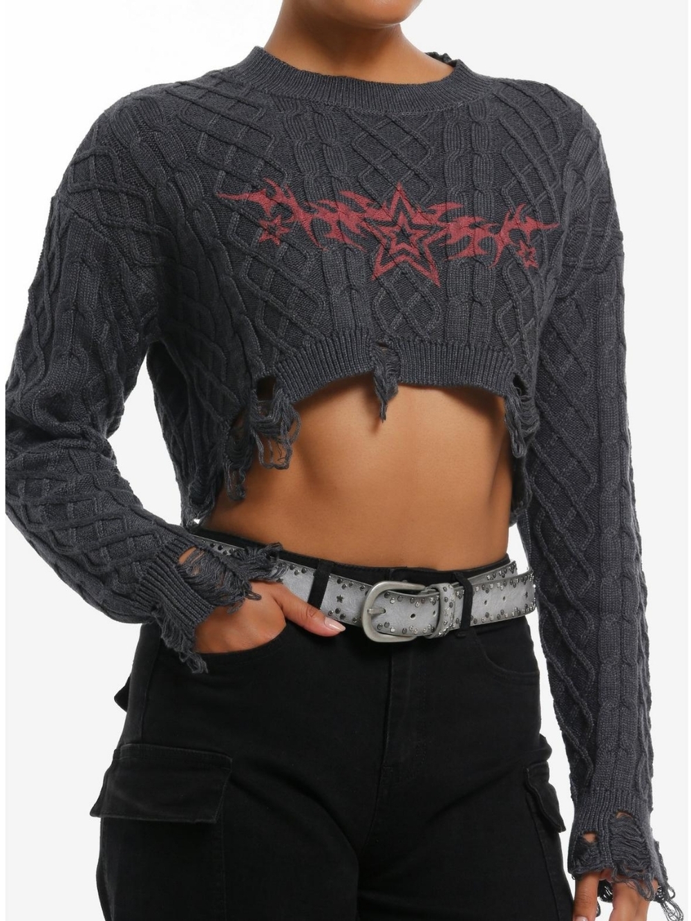 Social Collision Grey & Red Y2K Star Destructed Girls Crop Sweater